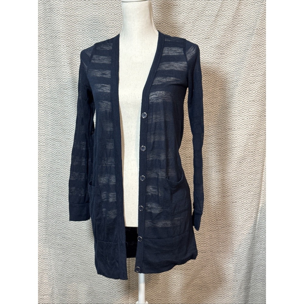 Delirious Navy Blue Sheer Stripes Lightweight Button Up Long Cardigan Pockets XL